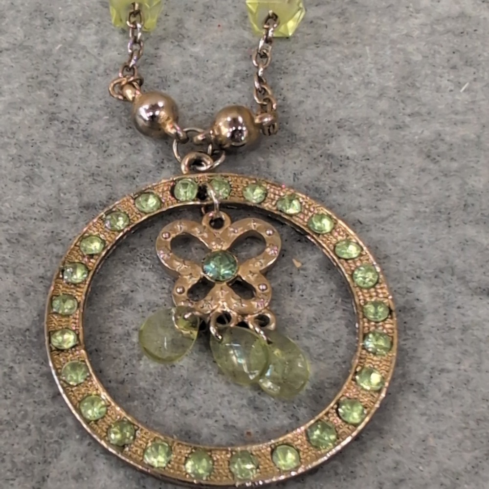 Sparkling Circle Pendant Necklace with Butterfly Charm Green Rhinestones